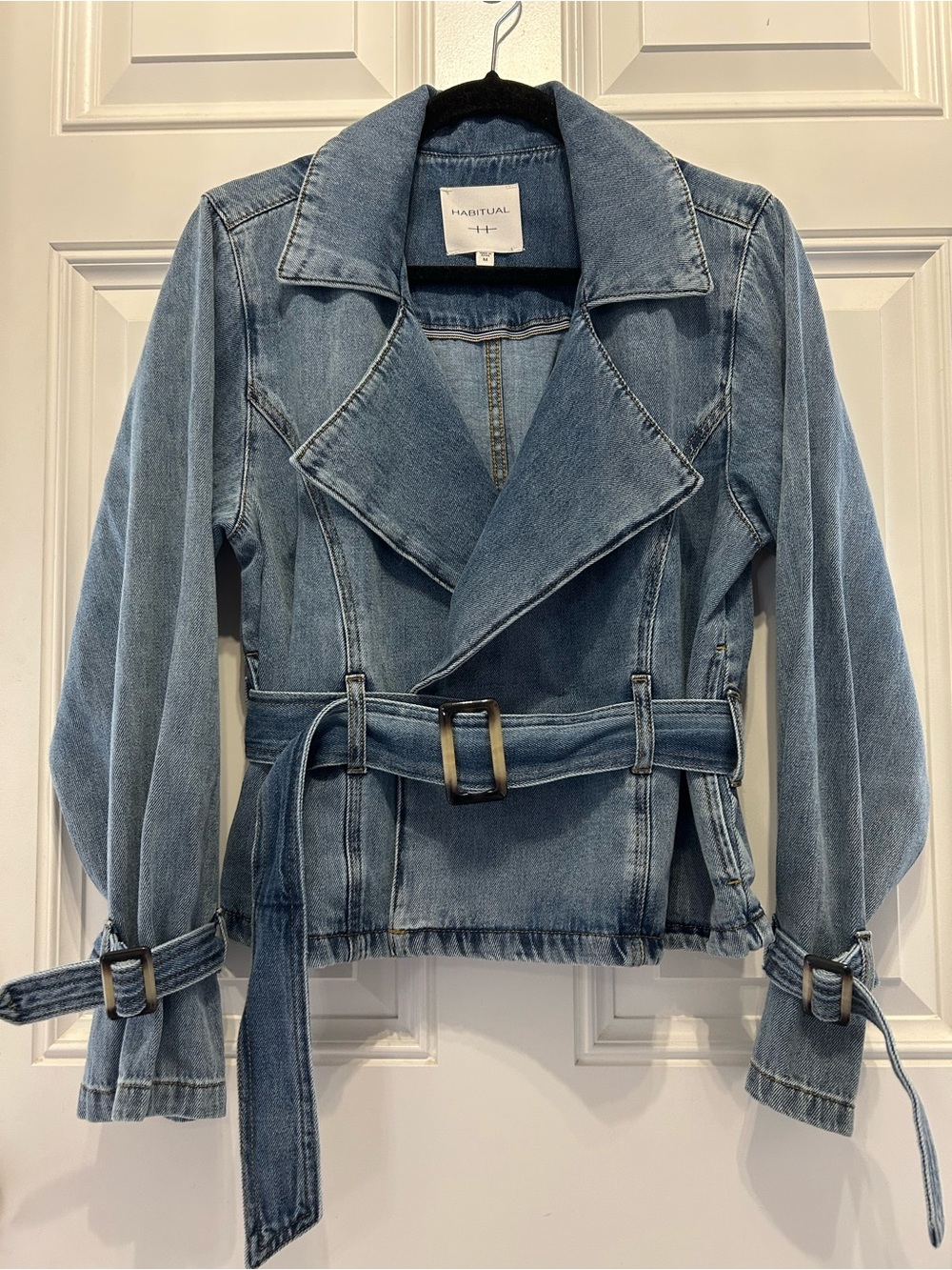 Habitual Wrap Tie Cropped Moto Trench Medium Wash Blue Jean Denim Belted Jacket - Picture 2 of 8